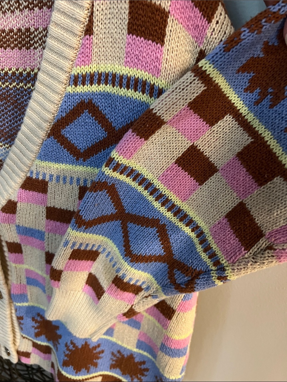 LA Hearts by PacSun cream pink blue yellow cotton geo cardigan oversized M - Picture 8 of 8